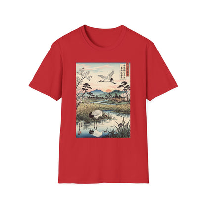 Japanese Crane Print T-Shirt — Vintage Ukiyo-e Landscape Tee
