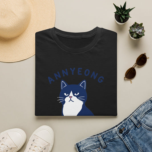 Annyeong Cat T-Shirt — Cute Korean Greeting Cat Graphic Tee ("Annyeong Meowseyo")