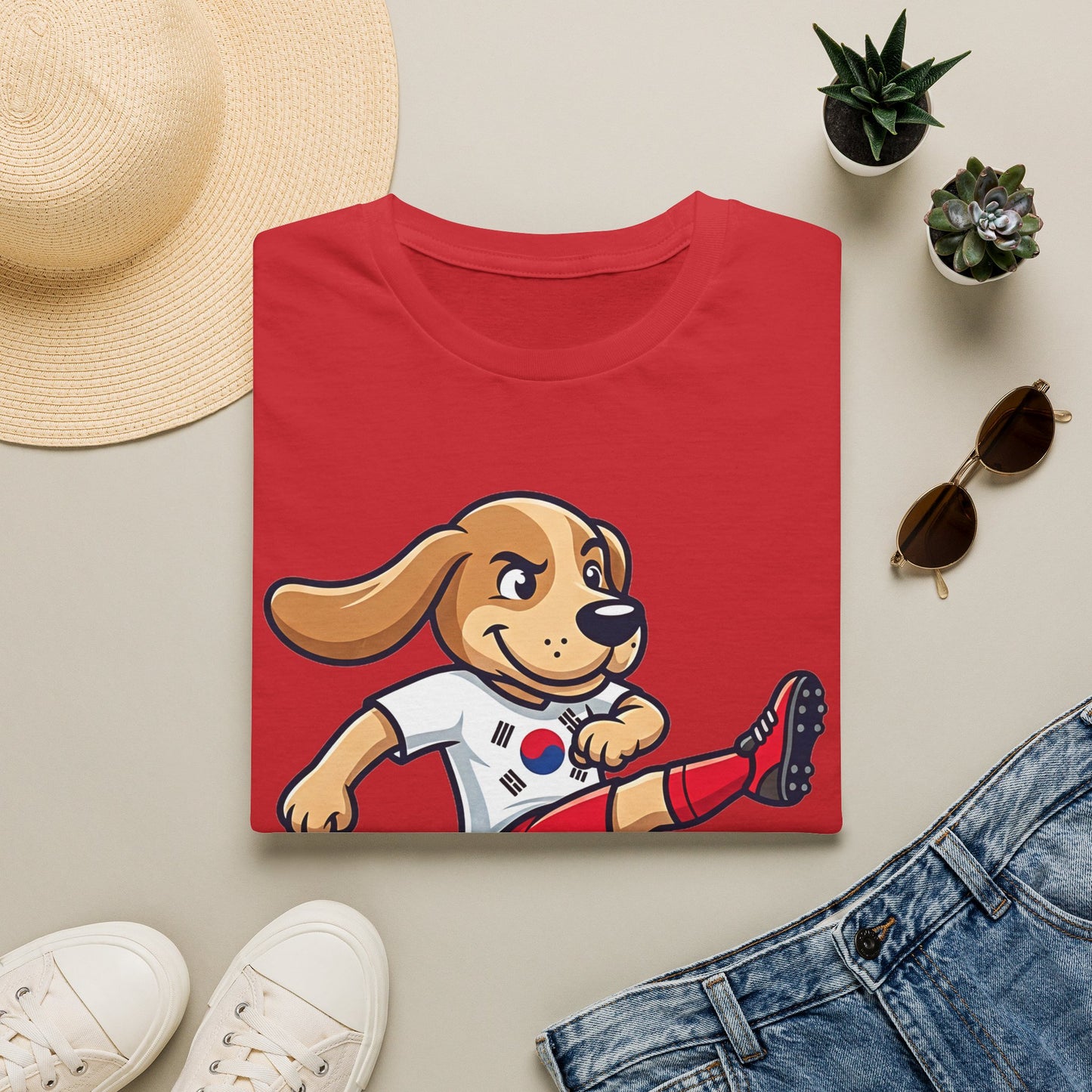 Kids’ Soccer Dog T-Shirt — Cute Cartoon Puppy Kicking Ball (Korean Flag Jersey)