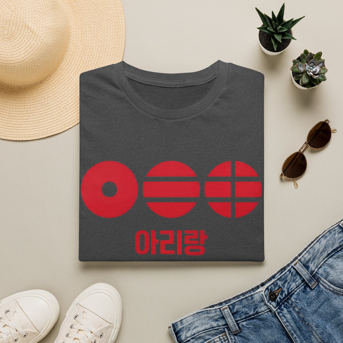 T-Shirt — Korean Arirang Graphic Tee (Red Retro Symbols)