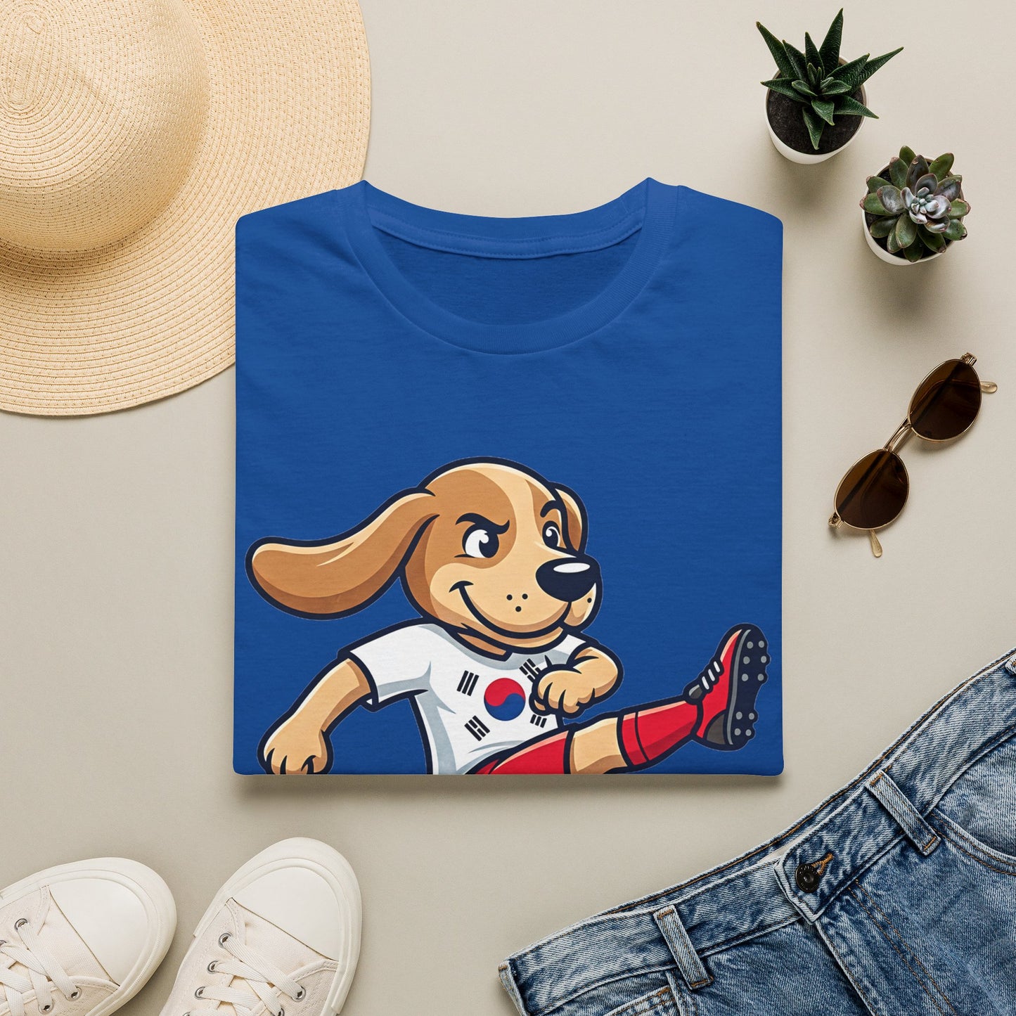 Kids’ Soccer Dog T-Shirt — Cute Cartoon Puppy Kicking Ball (Korean Flag Jersey)