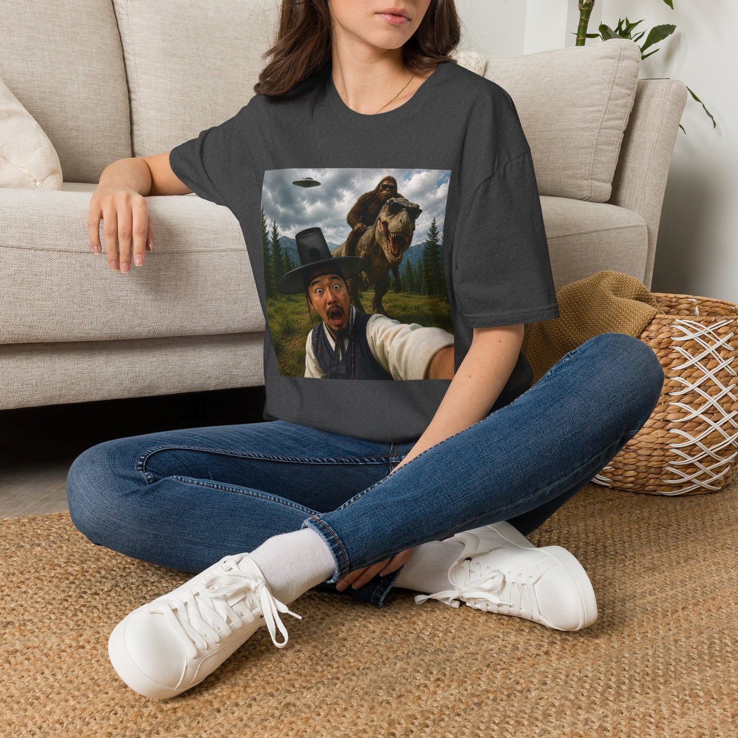 Funny Bigfoot Selfie T-Shirt — UFO, T-Rex & Sasquatch Wilderness Tee