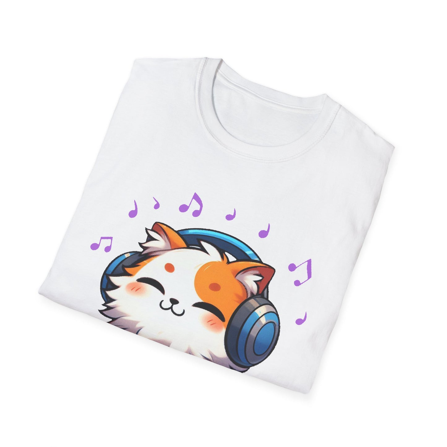 Cute Cat Music Lover T-Shirt - Unisex Softstyle Tee with Headphones and Musical Notes