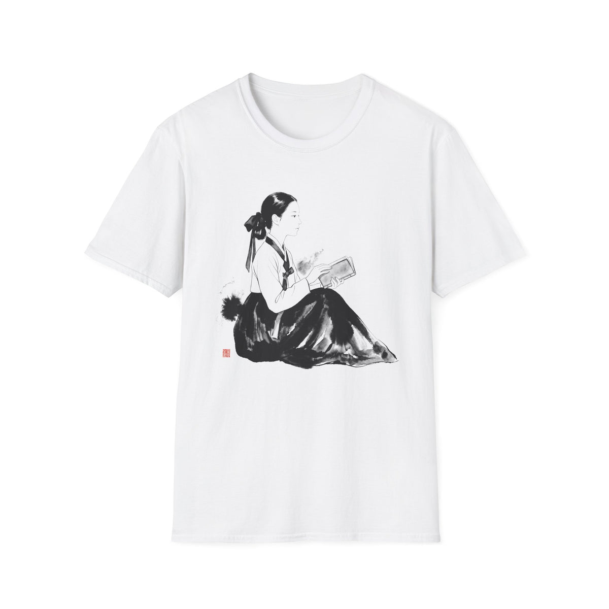 Vintage Korean Hanbok Reader T-Shirt — Gentle Ink Illustration Tee