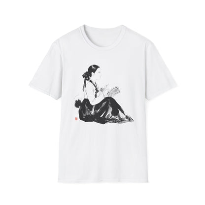 Vintage Korean Hanbok Reader T-Shirt — Gentle Ink Illustration Tee
