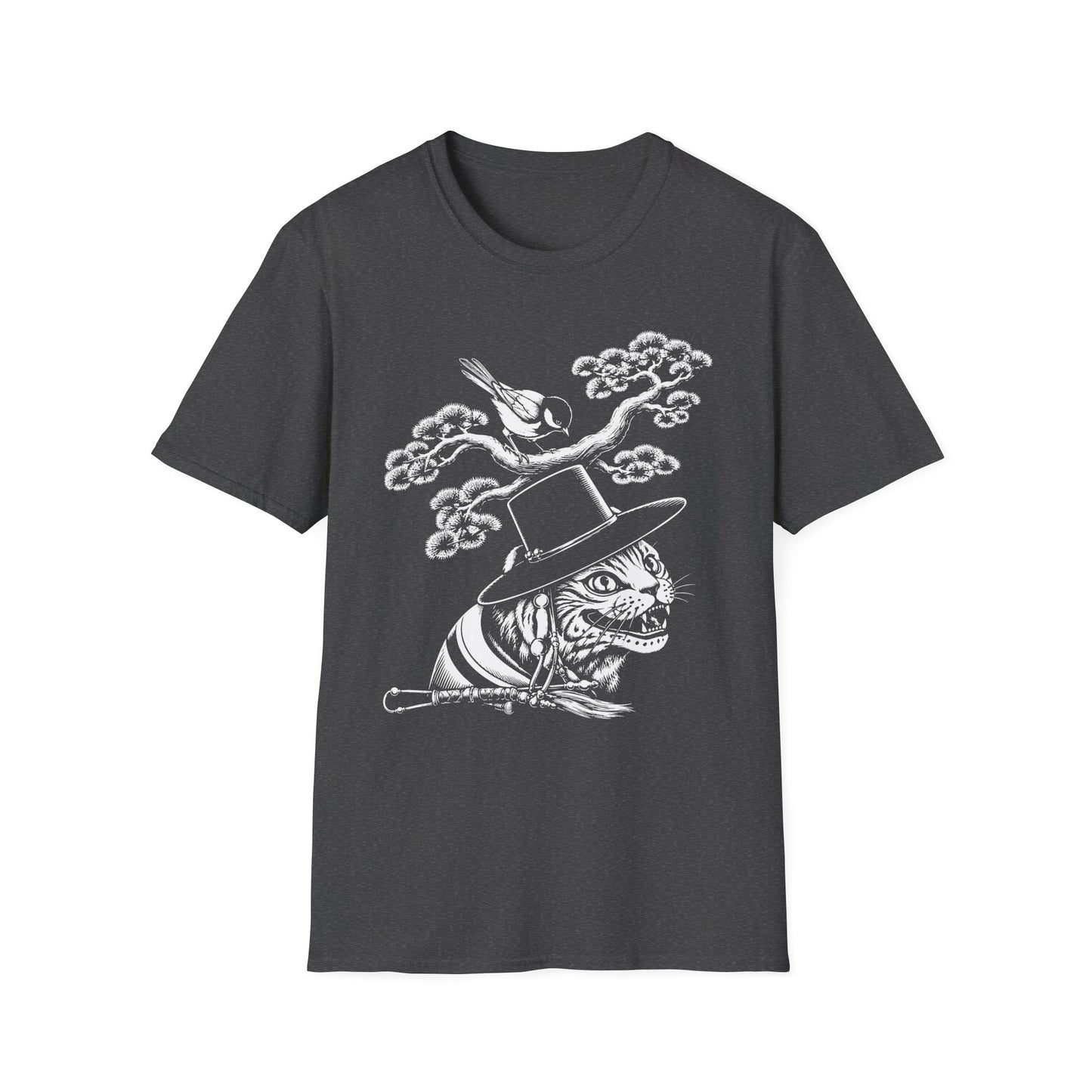 Cat in Top Hat T-Shirt — Whimsical Noir Cat & Bird Graphic Tee