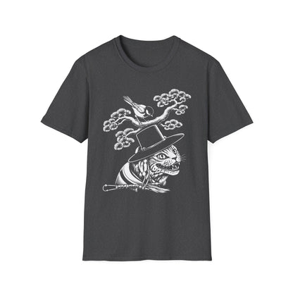 Cat in Top Hat T-Shirt — Whimsical Noir Cat & Bird Graphic Tee
