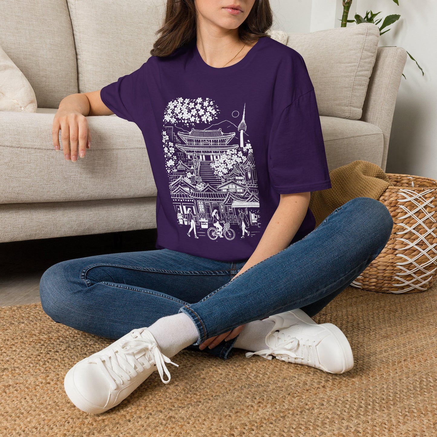 Korean Temple & Cherry Blossom T-Shirt — Seoul Pagoda Skyline Tee