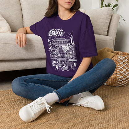 Korean Temple & Cherry Blossom T-Shirt — Seoul Pagoda Skyline Tee