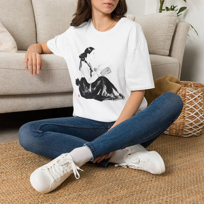 Vintage Korean Hanbok Reader T-Shirt — Gentle Ink Illustration Tee