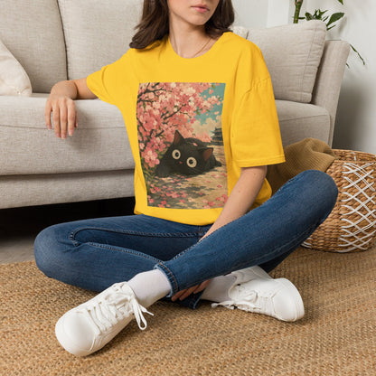 Cherry Blossom Cat T-Shirt — Cute Black Cat Under Sakura Scene