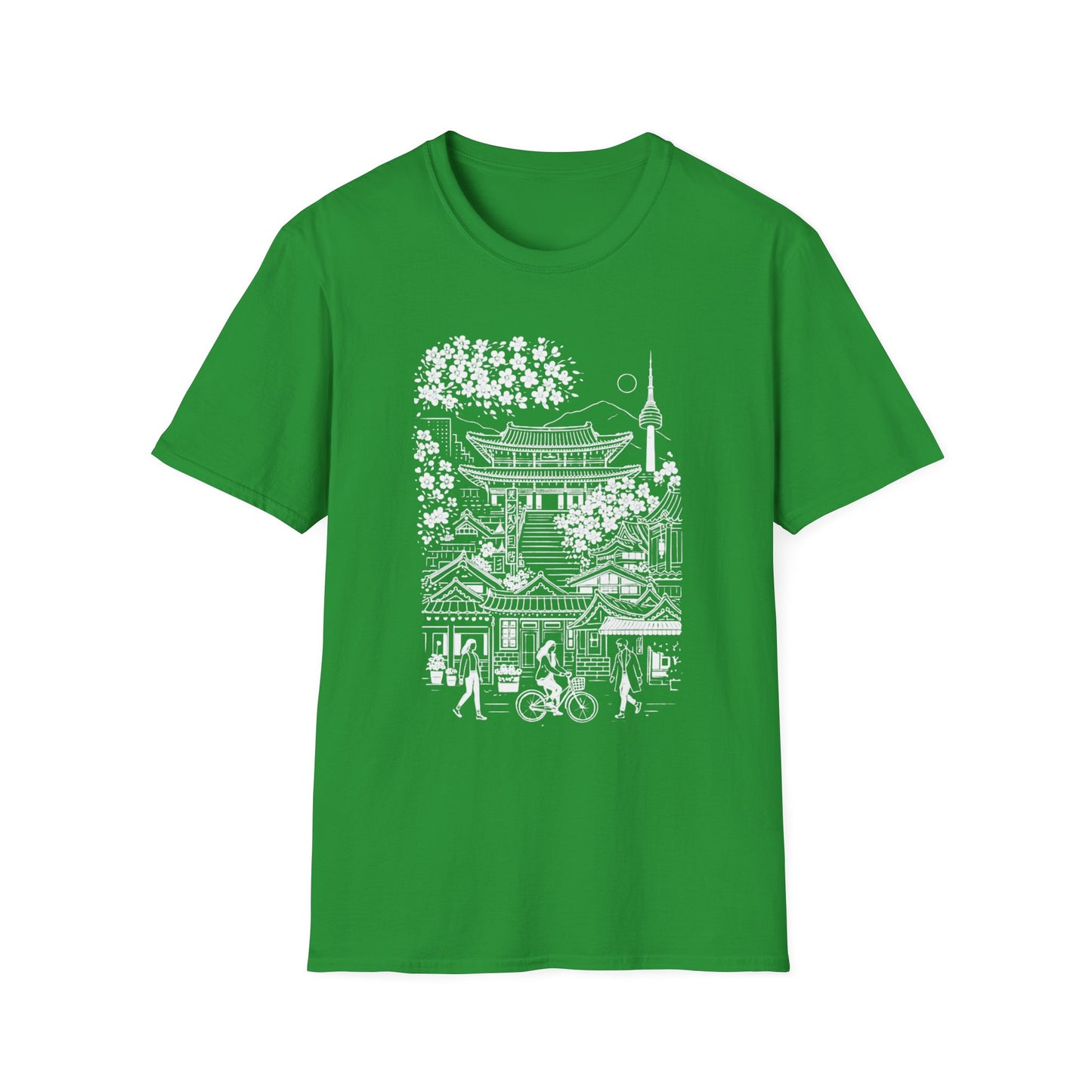 Korean Temple & Cherry Blossom T-Shirt — Seoul Pagoda Skyline Tee