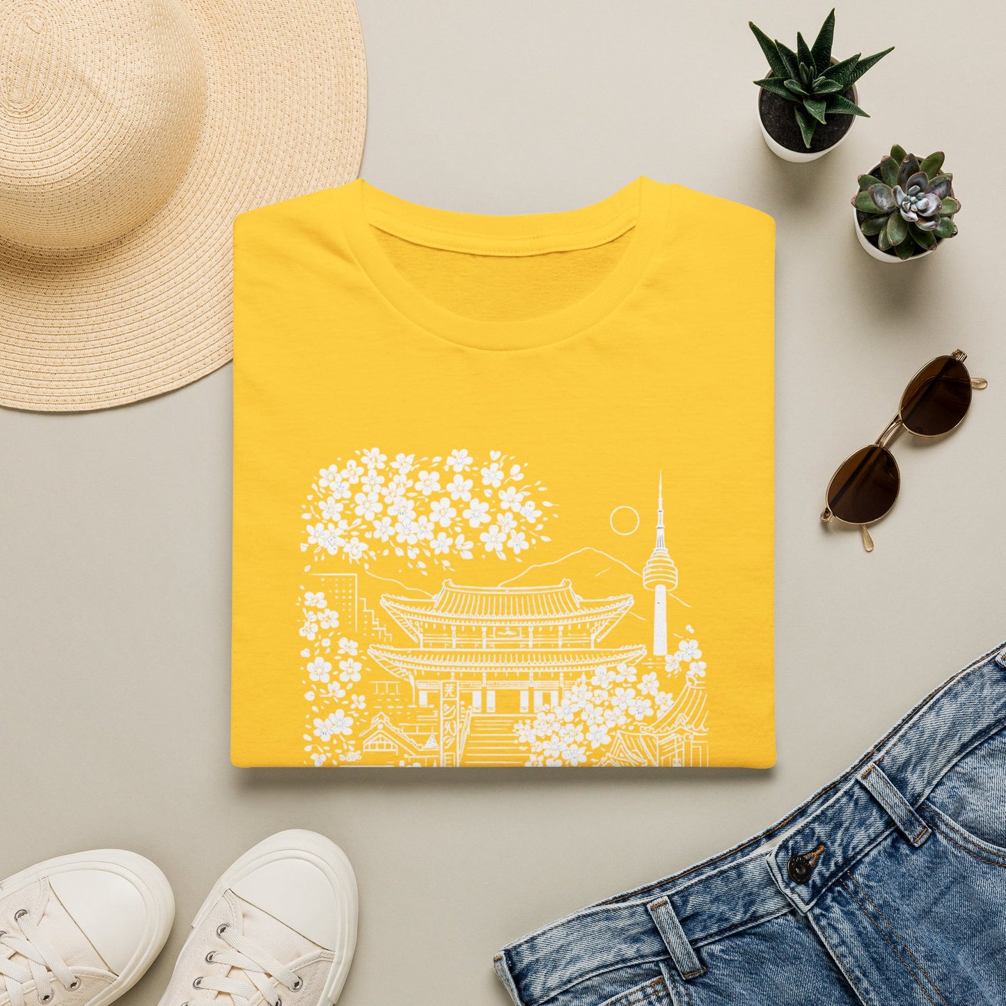 Korean Temple & Cherry Blossom T-Shirt — Seoul Pagoda Skyline Tee