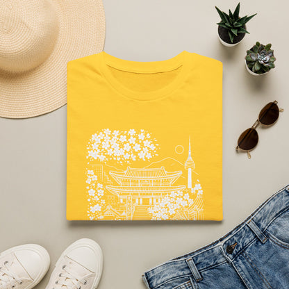 Korean Temple & Cherry Blossom T-Shirt — Seoul Pagoda Skyline Tee