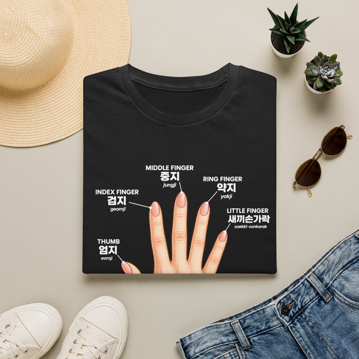 Korean Finger Labels T-Shirt — Hand Anatomy Graphic Tee (Index, Middle, Ring, Pinky, Thumb)