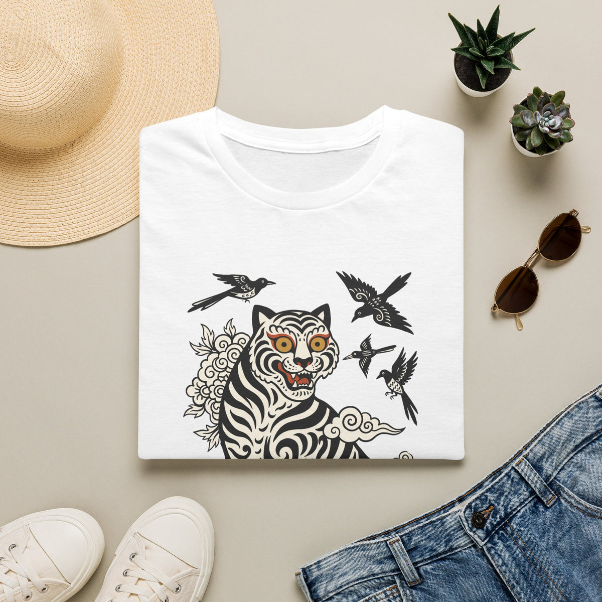 Tiger & Crows Graphic T-Shirt — Bold Japanese-Inspired Tattoo Style