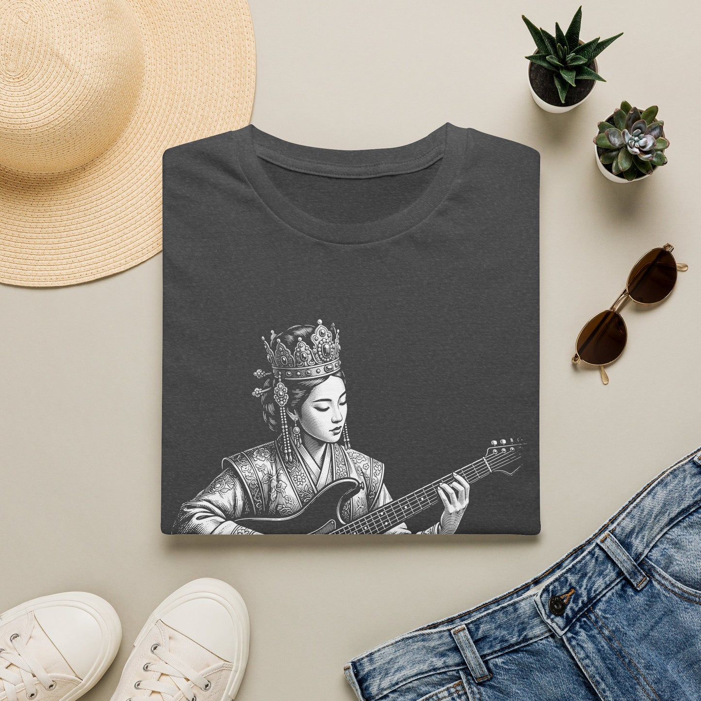 Queen Guitarist T‑Shirt — Regal Woman Playing Electric Guitar Tee