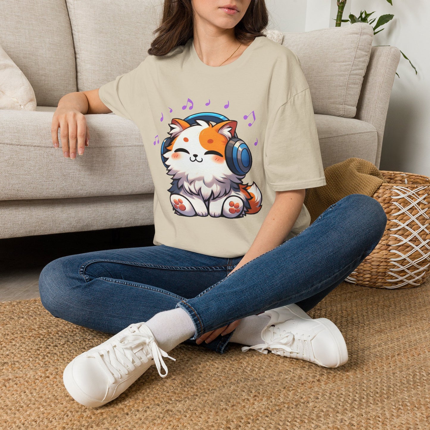 Cute Cat Music Lover T-Shirt - Unisex Softstyle Tee with Headphones and Musical Notes