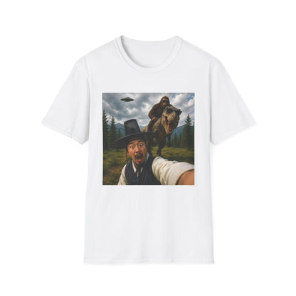 Funny Bigfoot Selfie T-Shirt — UFO, T-Rex & Sasquatch Wilderness Tee