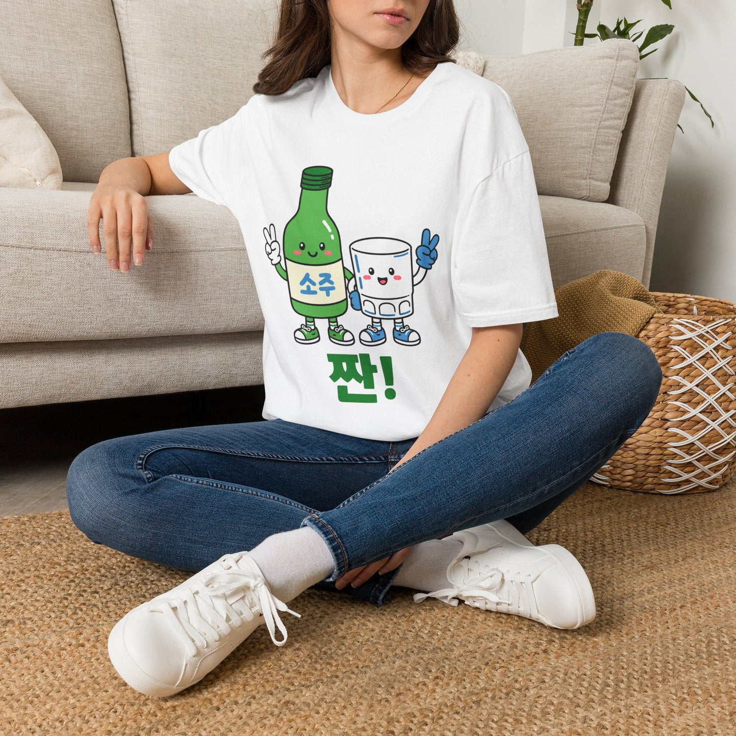 Soju & Shot Glass T‑Shirt — Cute Kawaii Cheers Design (짠!)