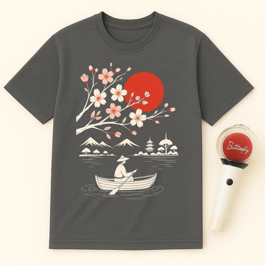 JAPANESE SUNSET BLOSSOMS BOAT UNISEX T-SHIRT
