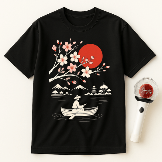 JAPANESE SUNSET BLOSSOMS BOAT UNISEX T-SHIRT