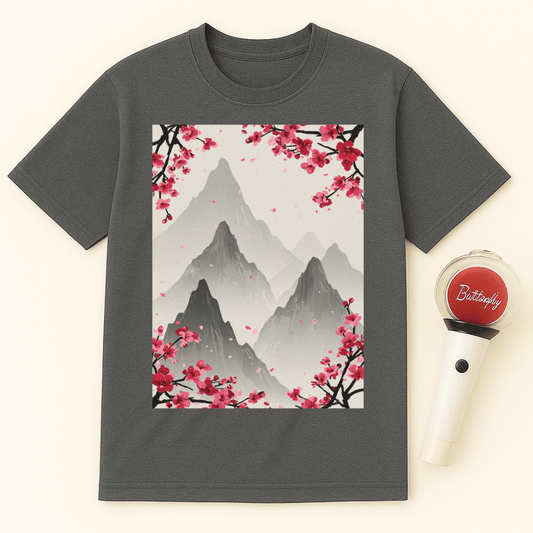 MOUNTAINS RED CHERRY BLOSSOMS UNISEX T-SHIRT