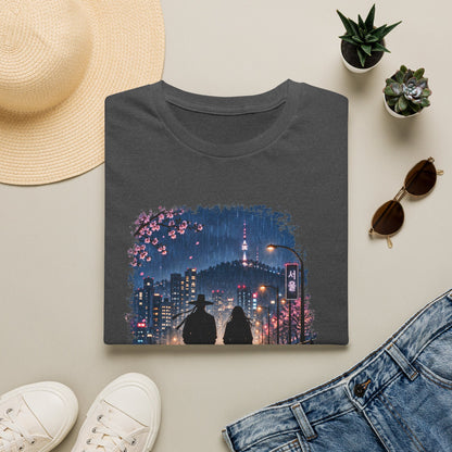 Romantic Night Stroll T-Shirt — Couple Silhouette Under Cherry Blossoms