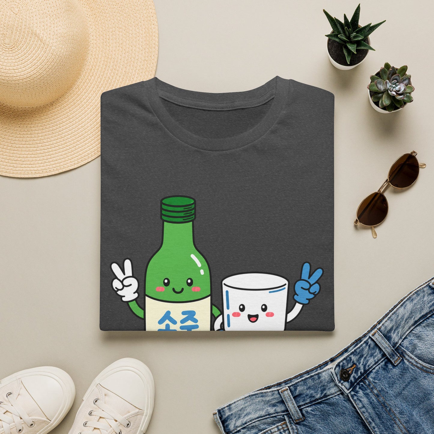 Soju & Shot Glass T‑Shirt — Cute Kawaii Cheers Design (짠!)
