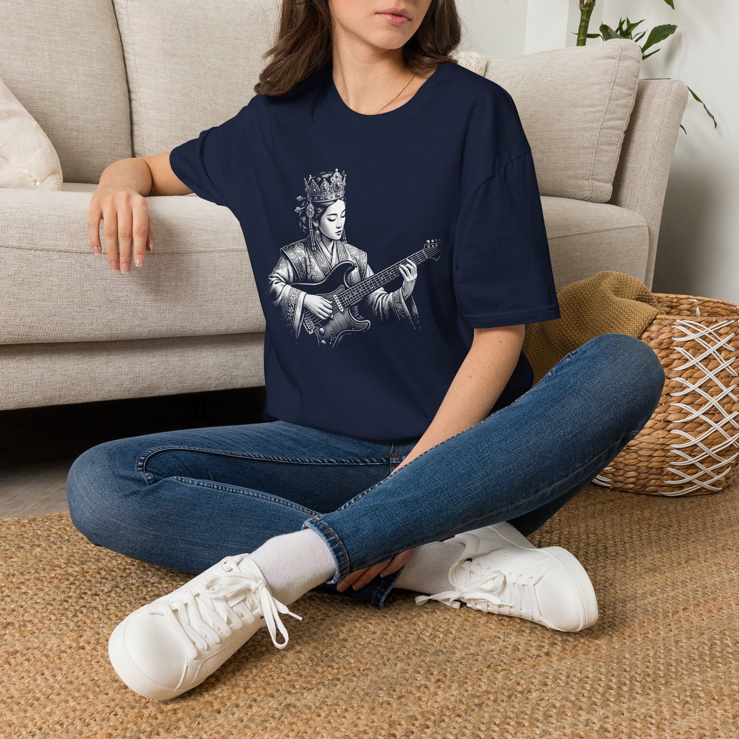 Queen Guitarist T‑Shirt — Regal Woman Playing Electric Guitar Tee